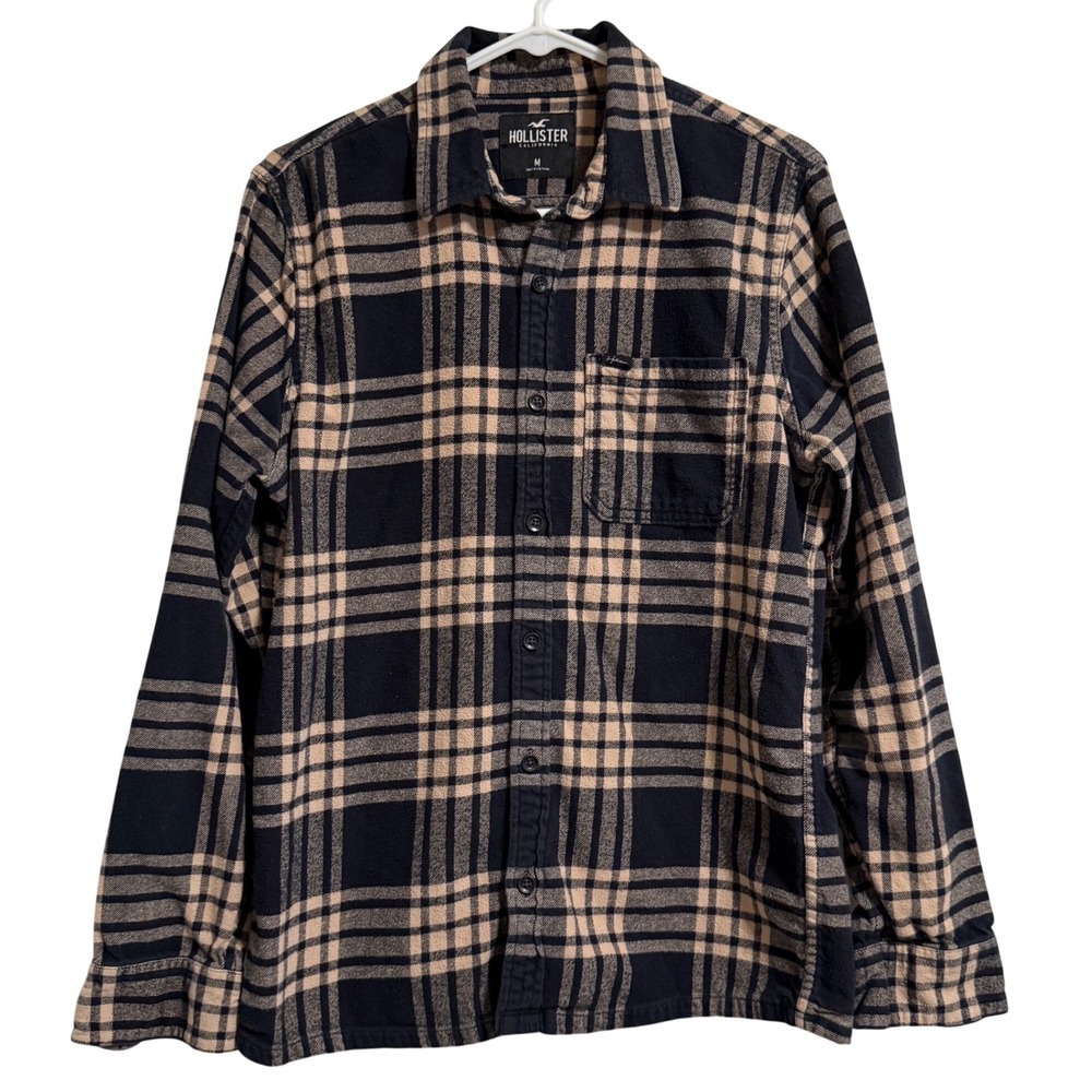 Hollister Mens Navy Blue Tan Plaid Flannel Button Down‎ Shirt Size M